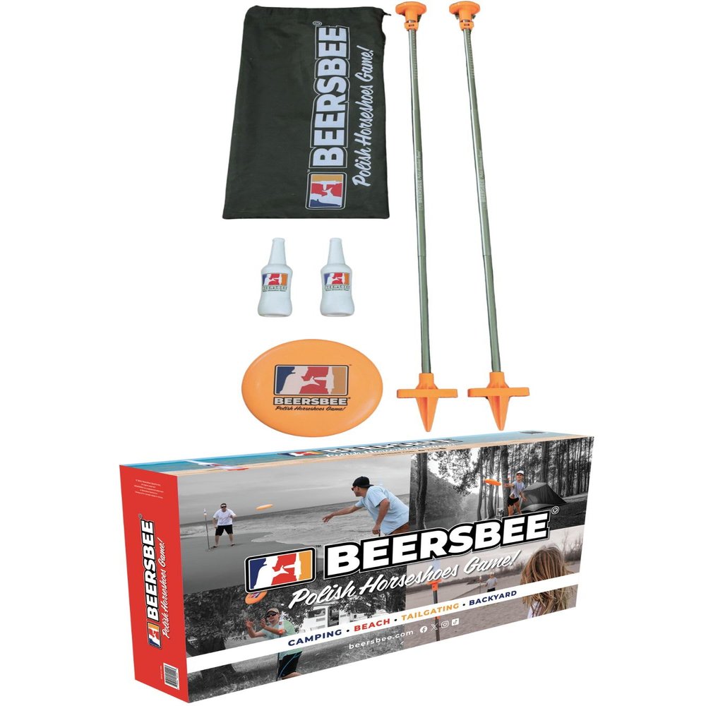 Beersbee Polish Horseshoes Flying Disc Target Bottle Drop Adult Lawn Game- Camping, Backyard, Beach, Tailgating, Frat Party Games, Bottle Battle Bash