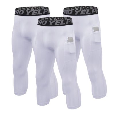 3 Pack Men's 3/4 Compression Pants, Dry Fit Athletic Leggings Men 3/4, Workout Running Tights with Pocket Basketball Capri