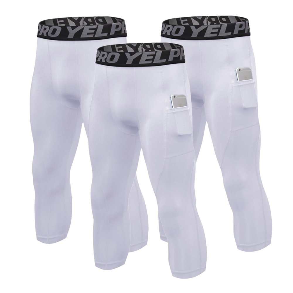 3 Pack Men's 3/4 Compression Pants, Dry Fit Athletic Leggings Men 3/4, Workout Running Tights with Pocket Basketball Capri