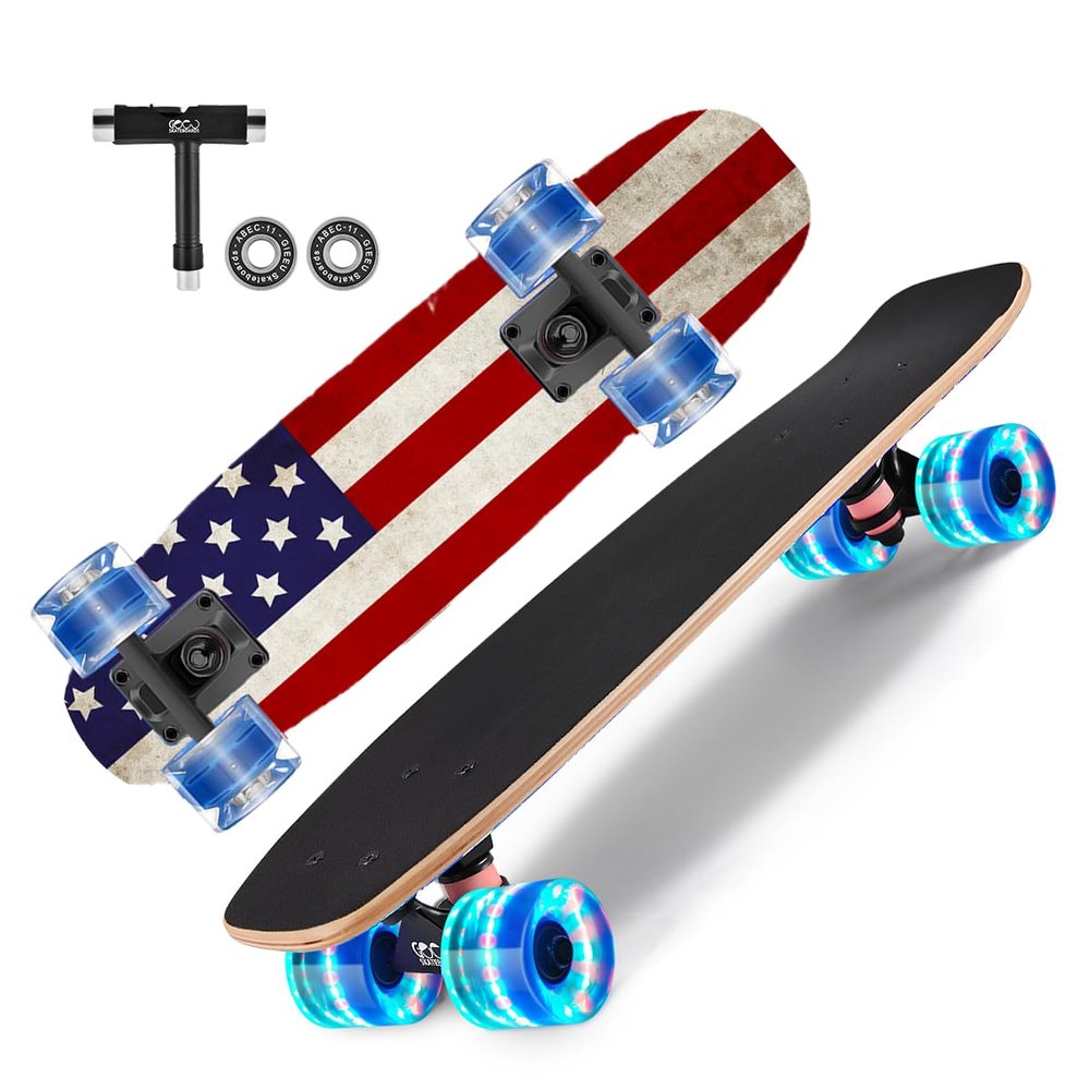 GIEEU Skateboards with Colorful Flashing Wheels for Beginners,Kids,Teens,Adults, Complete Standard Skate Boards 9 Layer Canadian Maple Deck Concave Skateboard (X-Flag)