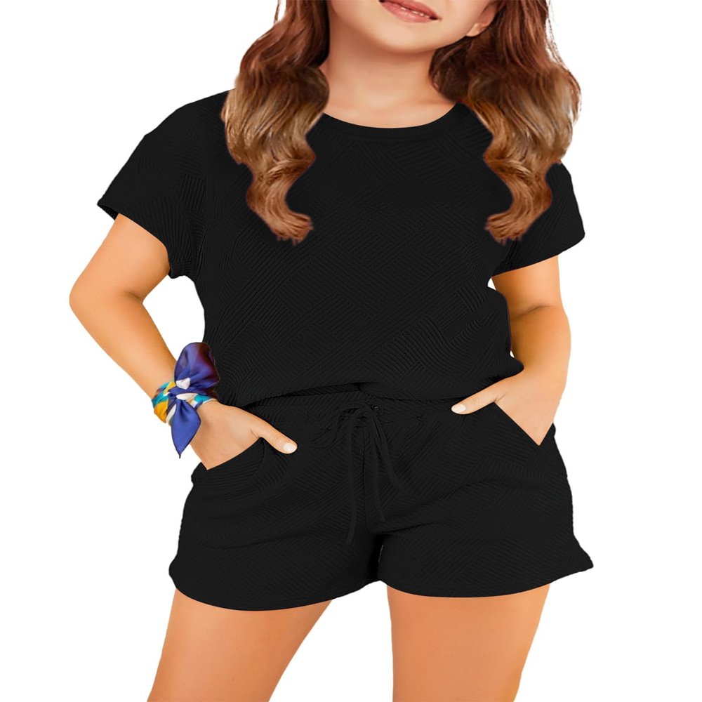 Haloumoning Girls 2 Piece Outfits Short Sleeve T Shirt and Drawstring Shorts Summer Clothing Sets, Black, 13-14 Years