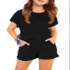 Haloumoning Girls 2 Piece Outfits Short Sleeve T Shirt and Drawstring Shorts Summer Clothing Sets, Black, 13-14 Years view 1