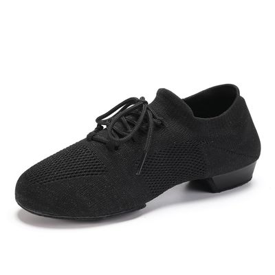 JUODVMP Women's Knits Dance Shoes Classical Lace-up Jazz Ballet Flats Casual Walking Sneakers,Black,8.5 US