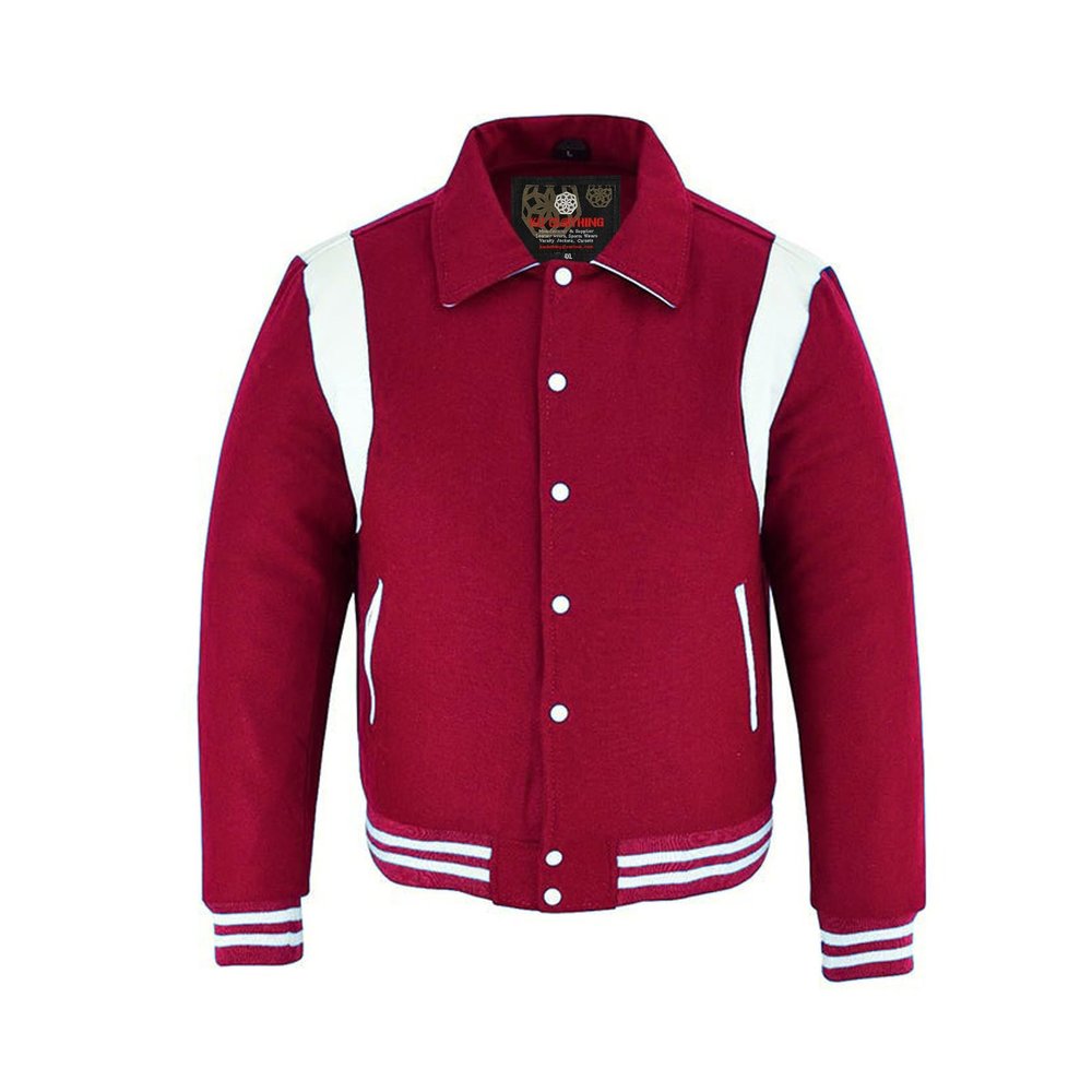 KU CLOTHING Men Varsity Jacket Letterman College Collared Wool Leather Cardinal (US, Alpha, 3X-Large, Regular, Regular, Cardinal-White)