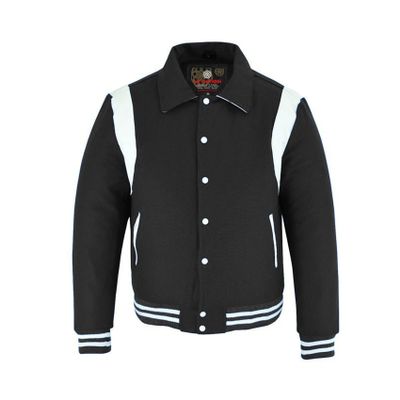 KU CLOTHING Black Varsity Jacket Wool Blend Collared Bomber Jacket (US, Alpha, X-Large, Regular, Regular, Black-White)