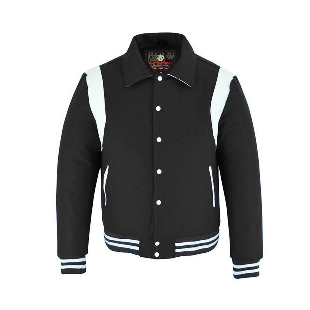 KU CLOTHING Black Varsity Jacket Wool Blend Collared Bomber Jacket (US, Alpha, X-Large, Regular, Regular, Black-White)