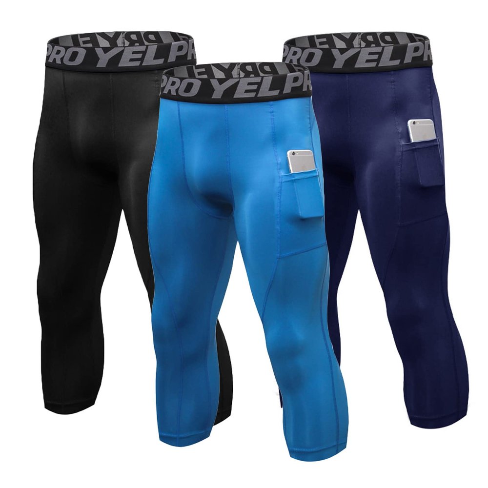 3 Pack Men's 3/4 Compression Pants, Dry Fit Men Running Leggings, Workout Basketball Capri Tights with Pocket