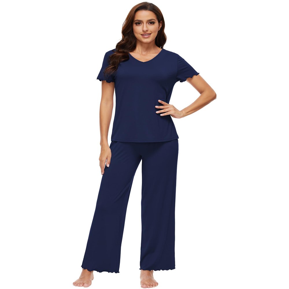 WiWi Viscose from Bamboo Pajamas for Women Soft Comfy Pajama Sets Short Sleeve Loungewear Pjs Pants Set S-XXL, Navy, Medium