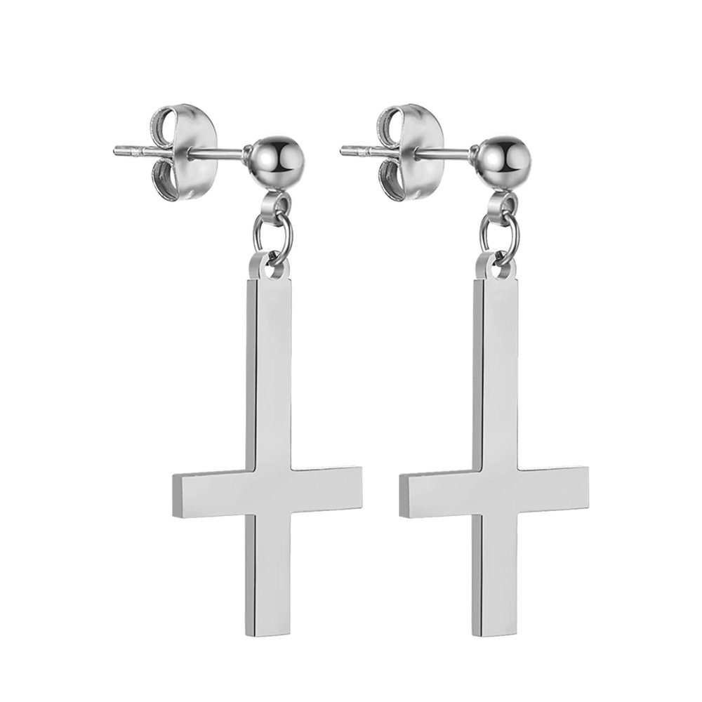 925 Sterling Silver Upside down cross earrings for Men Women, 14K Yellow Gold Inverted Upside Down Cross Earring Church of Satan Temple Occult Satanic Witchy Stud Jewelry, upside down cross rosary upside down chain, inverted cross pendant earrings ne