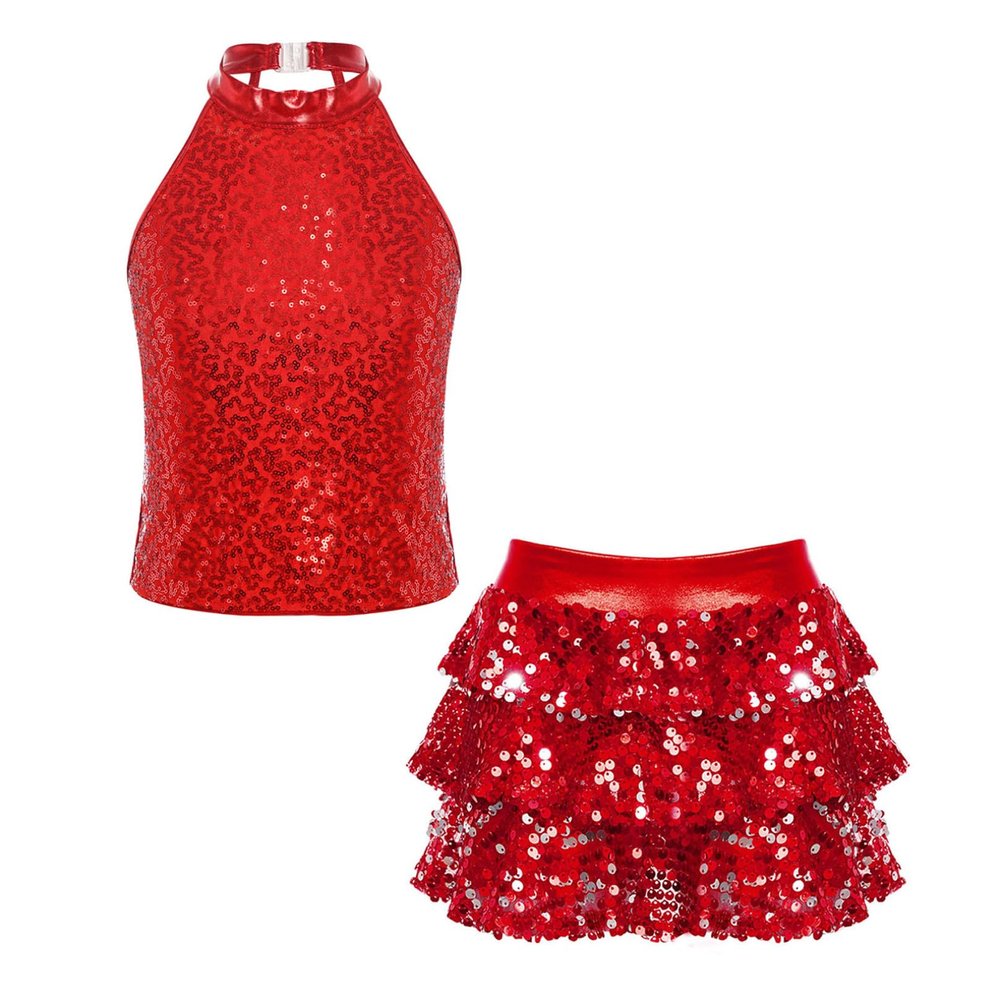 Agoky Kids Girls Shiny Sequins Jazz Hip Hop Dance Outfits Modern Dancing Costumes Performance Dancewear 6-16 Years Red E 12 Years