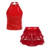 Agoky Kids Girls Shiny Sequins Jazz Hip Hop Dance Outfits Modern Dancing Costumes Performance Dancewear 6-16 Years Red E 12 Years view 2