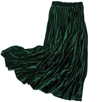ebossy Women's Fall Winter High Wasit Ankle Length Velvet Maxi Long Pleated Skirt (XXL, Dark Green)