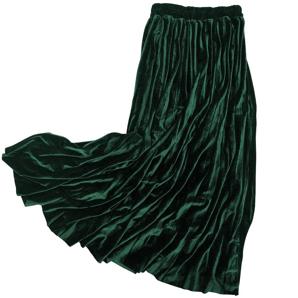ebossy Women's Fall Winter High Wasit Ankle Length Velvet Maxi Long Pleated Skirt (XXL, Dark Green)