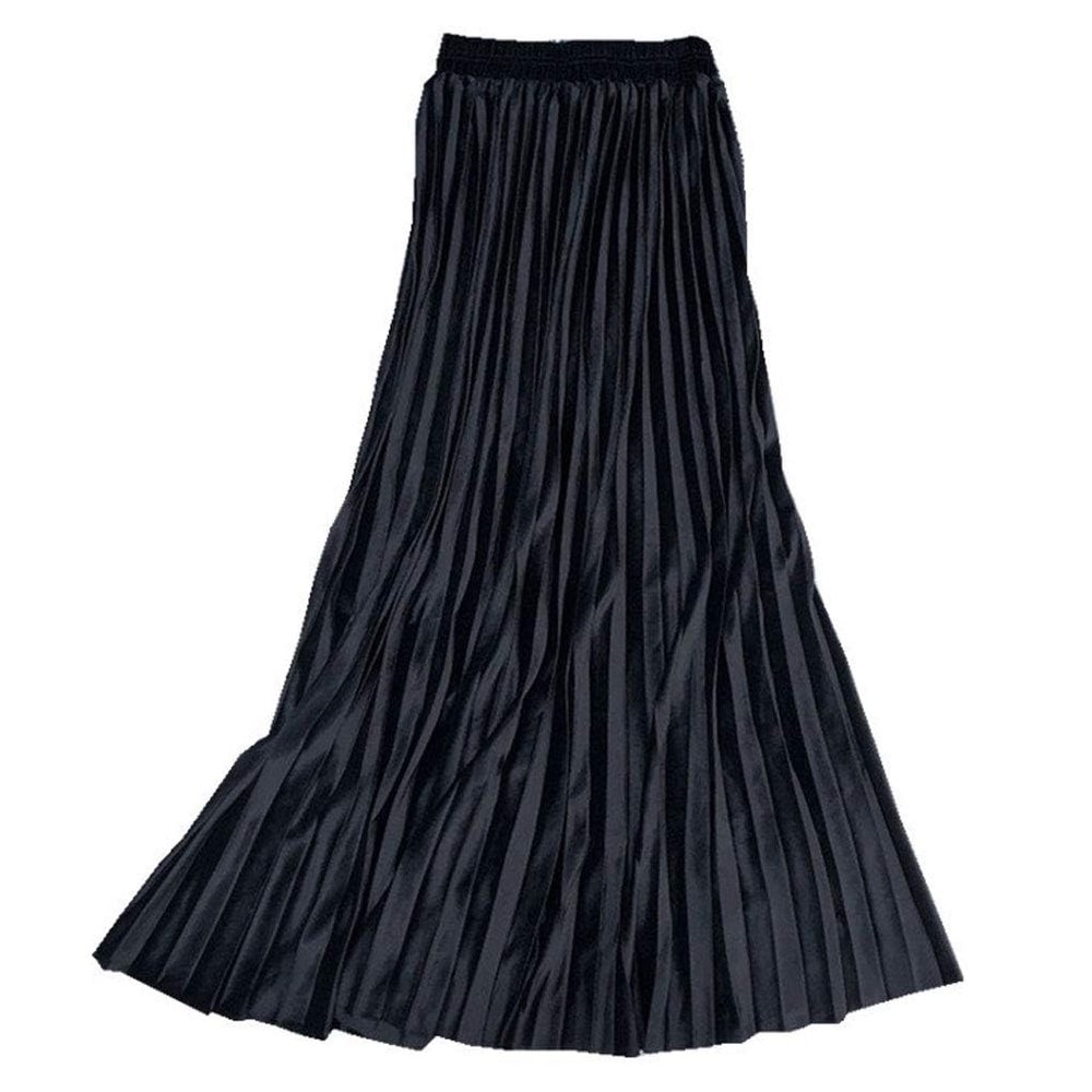 ebossy Women's Fall Winter High Wasit Ankle Length Velvet Maxi Long Pleated Skirt (S, Black)