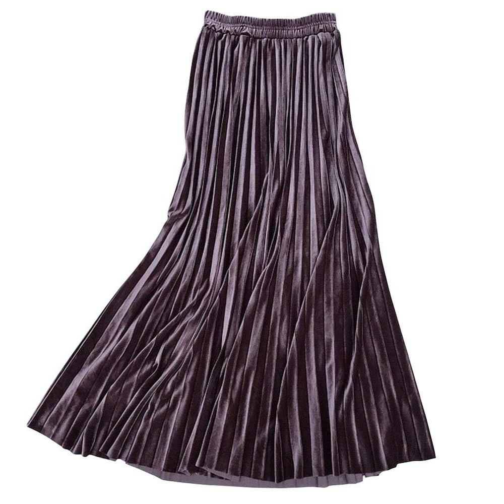 ebossy Women's Fall Winter High Wasit Ankle Length Velvet Maxi Long Pleated Skirt (S, Dusty Pink)