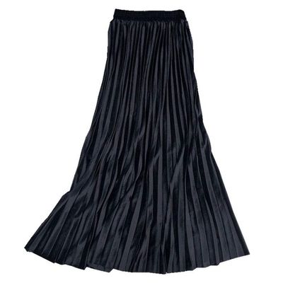 ebossy Women's Fall Winter High Wasit Ankle Length Velvet Maxi Long Pleated Skirt (L, Black)
