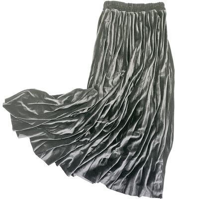 ebossy Women's Fall Winter High Wasit Ankle Length Velvet Maxi Long Pleated Skirt (XS, Light Army)