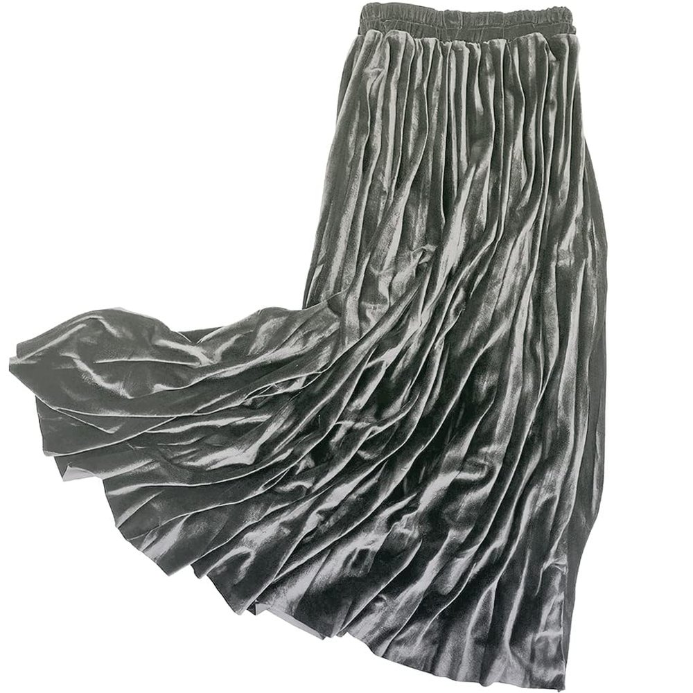 ebossy Women's Fall Winter High Wasit Ankle Length Velvet Maxi Long Pleated Skirt (XS, Light Army)