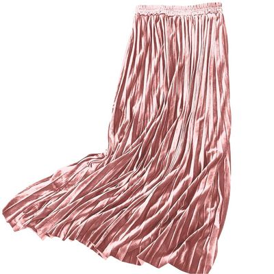 ebossy Women's Fall Winter High Wasit Ankle Length Velvet Maxi Long Pleated Skirt (XL, Pink)