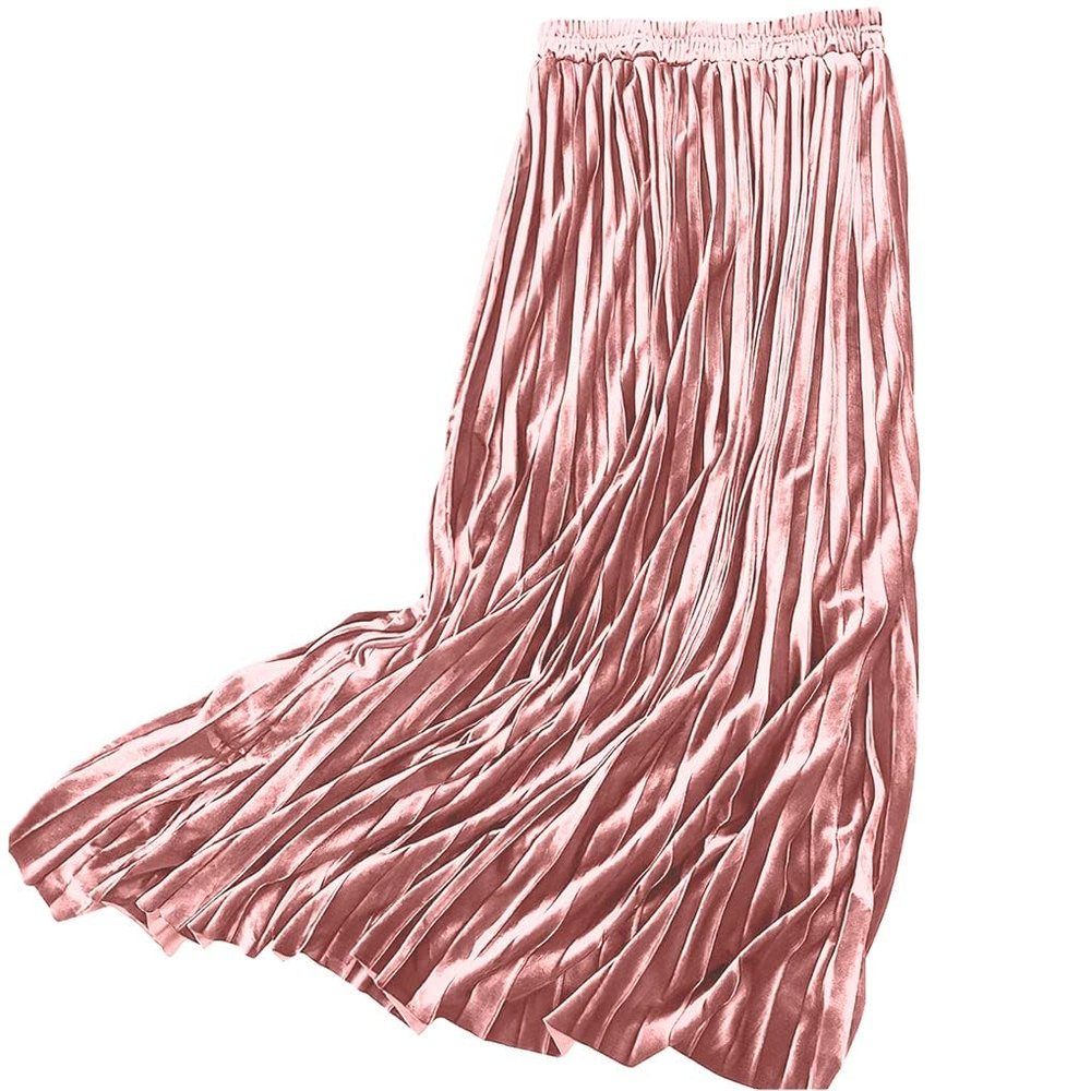 ebossy Women's Fall Winter High Wasit Ankle Length Velvet Maxi Long Pleated Skirt (L, Pink)