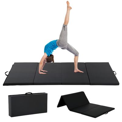 8'x 4'' Gymnastics Mat for Tumbling, Folding Tumbling Mat Exercise Mat Gym Mat Tumbling Mats for Kids, Adults, PU Leather Yoga Mat with Carrying Handles, Black