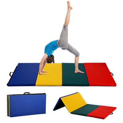 8'x 4' Folding Gymnastics Mat for Tumbling - Exercise Gym Mat for Kids, Adults - PU Leather Yoga Mat With Carrying Handles, Cream