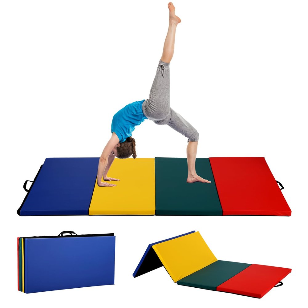 8'x 4' Folding Gymnastics Mat for Tumbling - Exercise Gym Mat for Kids, Adults - PU Leather Yoga Mat With Carrying Handles, Cream