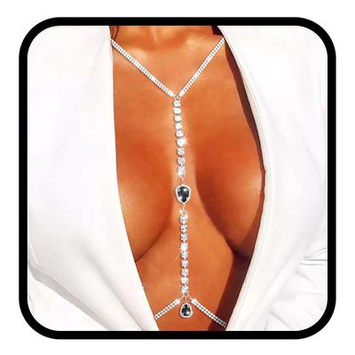 Tgirls Rhinestone Body Chain Sexy Crystal Body Jewelry Sparkly Waist Chains Nightclub Beach Bra Body Chains for Women and Girls (Silver-Black)