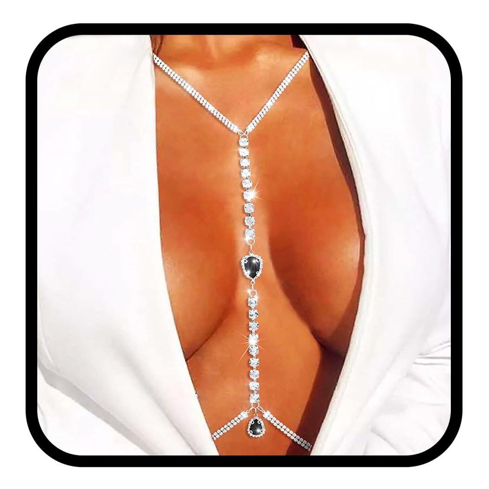 Tgirls Rhinestone Body Chain Sexy Crystal Body Jewelry Sparkly Waist Chains Nightclub Beach Bra Body Chains for Women and Girls (Silver-Black)