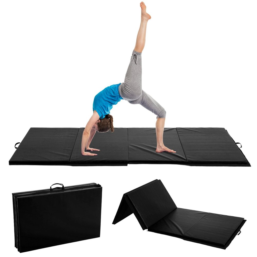 10'x 4' Gymnastics Mat for Tumbling, Folding Tumbling Mat Exercise Mat Gym Mat Tumbling Mats for Kids, Adults, PU Leather Yoga Mat with Carrying Handles, Black