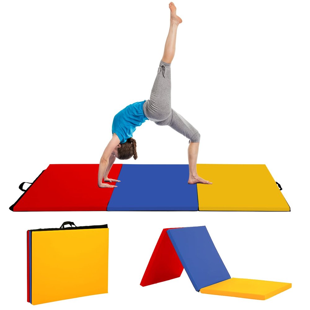 6'x 2' Gymnastics Mat for Tumbling, Folding Tumbling Mat Exercise Mat Gym Mat Tumbling Mats for Kids, Adults, PU Leather Yoga Mat with Carrying Handles, Cream