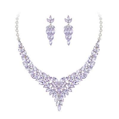 Crysdue Costume Jewelry Set for Women, Stunning Rhinestone Crystal Statement Necklace Chandelier Dangle Earrings Set for Prom Party Light Purple Silver-Tone