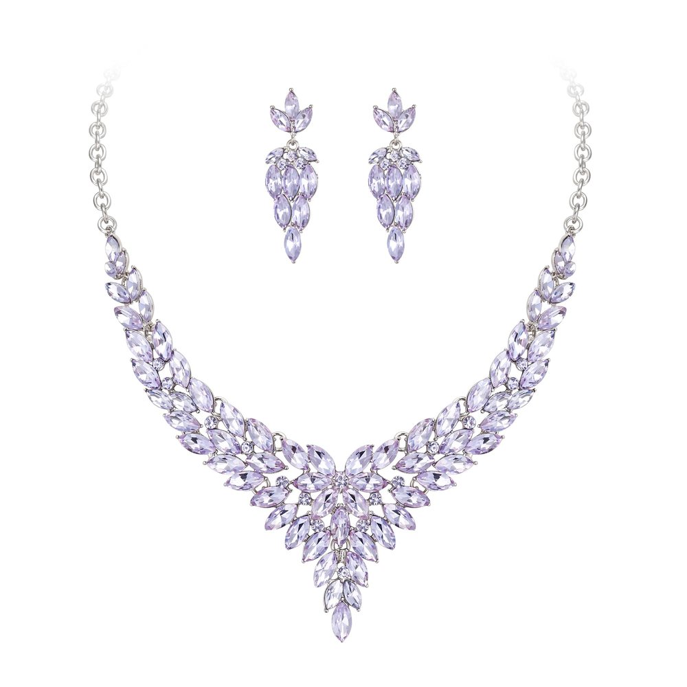 Crysdue Costume Jewelry Set for Women, Stunning Rhinestone Crystal Statement Necklace Chandelier Dangle Earrings Set for Prom Party Light Purple Silver-Tone