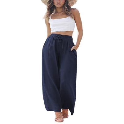 Geleglaer Womens Dark Blue Drawstring Waist Wide Leg Loose Cotton Linen Palazzo Pants Dark Blue Wide Leg High Waist Beach Trousers Dark Blue Flowy Lounge Linen Pants with Pockets