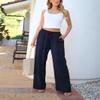Geleglaer Womens Dark Blue Drawstring Waist Wide Leg Loose Cotton Linen Palazzo Pants Dark Blue Wide Leg High Waist Beach Trousers Dark Blue Flowy Lounge Linen Pants with Pockets view 2