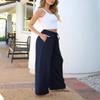 Geleglaer Womens Dark Blue Drawstring Waist Wide Leg Loose Cotton Linen Palazzo Pants Dark Blue Wide Leg High Waist Beach Trousers Dark Blue Flowy Lounge Linen Pants with Pockets view 3
