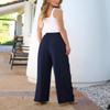 Geleglaer Womens Dark Blue Drawstring Waist Wide Leg Loose Cotton Linen Palazzo Pants Dark Blue Wide Leg High Waist Beach Trousers Dark Blue Flowy Lounge Linen Pants with Pockets view 4