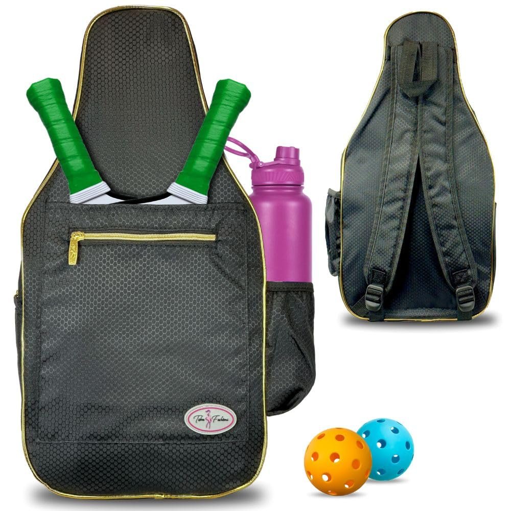Taboo Fashions Women's Pickleball Backpack, Women's Pickleball Bag, Front Pocket for Paddles, Lots of Pockets, Adjustable Straps, Padded Straps, Water Bottle Holder (Gold Luxe)