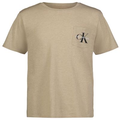 Calvin Klein Boys' Short Sleeve Pocket Logo Crew Neck T-shirt, Soft, Comfortable, Relaxed Fit, Safari Heather, 8