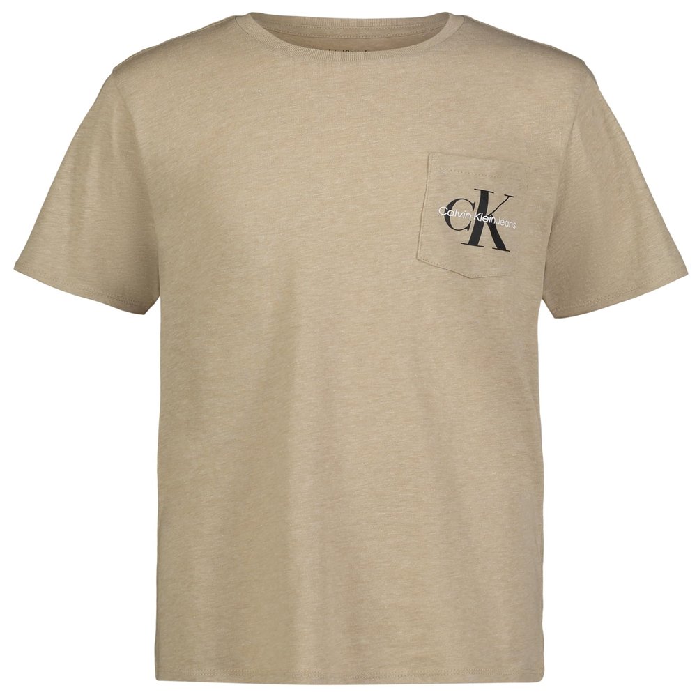 Calvin Klein Boys' Short Sleeve Pocket Logo Crew Neck T-shirt, Soft, Comfortable, Relaxed Fit, Safari Heather, 8