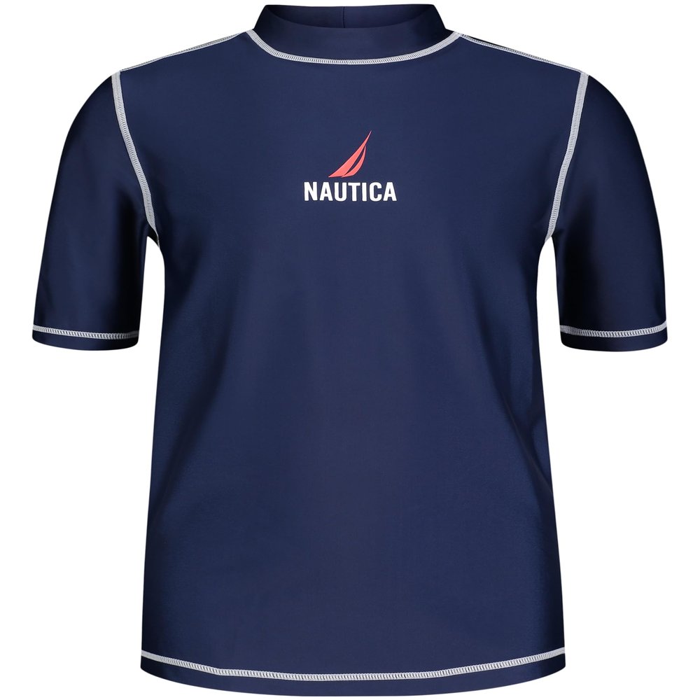 Nautica Boys' Short Sleeve Swim Rashguard with UPF 50+ Sun Protection, J Navy/Red Logo, 5