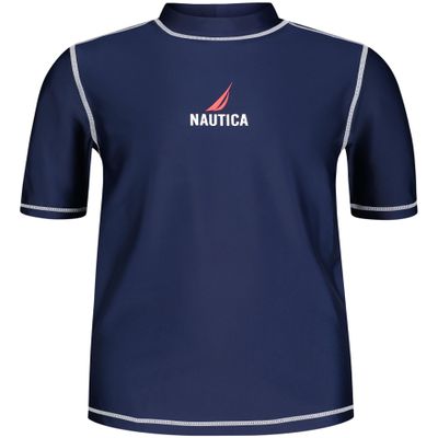 Nautica Boys' Short Sleeve Swim Rashguard with UPF 50+ Sun Protection, J Navy/Red Logo, 6