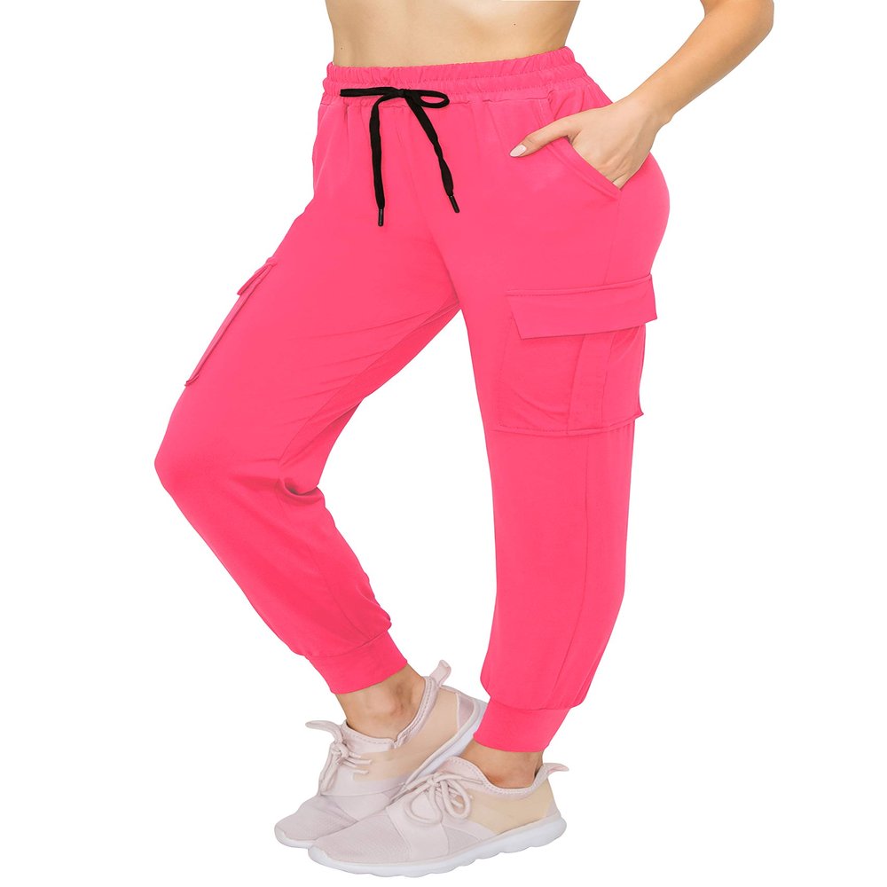ALWAYS Cargo Jogger Pants for Women, High Waisted Sweatpants with Pockets, Super Soft Casual Lounge Pants for Athletic Yoga & Gym, Cotton Drawstring Trousers, Neon Pink 3XL