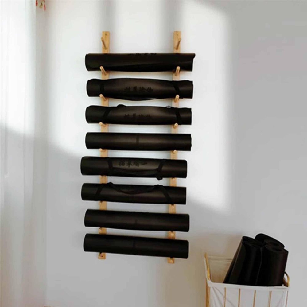 Yoga Mat Holder Wall Mount, Foam Roller Storage Organizer, Wood Shelf - 6/9 Layers, Wall Mount Exercise Mats Storage Rack for Gym Studio Office Home