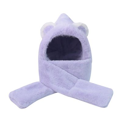 Womens Ear Protection Windproof Scarf Slouchy Beanie Hat Warm Hooded Scarf Fleece Thicken Skull Ski Cap Cold Weather Purple