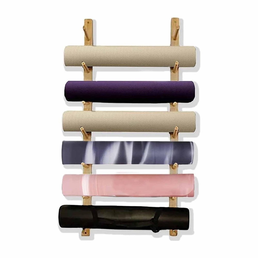 SUYUDD 6/9 Layers Yoga Mat Storage Rack Wall Mounted, Muti-Layer Wooden Organizer for Storage Foam Roller/Yoga Mats/Towel Stand Holder at Home Gym
