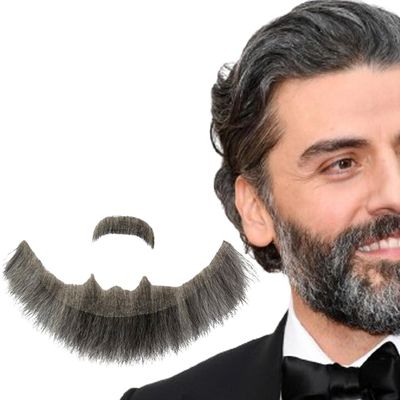 Voloria Fake Beard Realistic 100% Human Hair Full Hand Tied Facial Hair Black Goatee False Beards Lace Invisible Fake FaceMustache(Style-2, Black Mixed White)