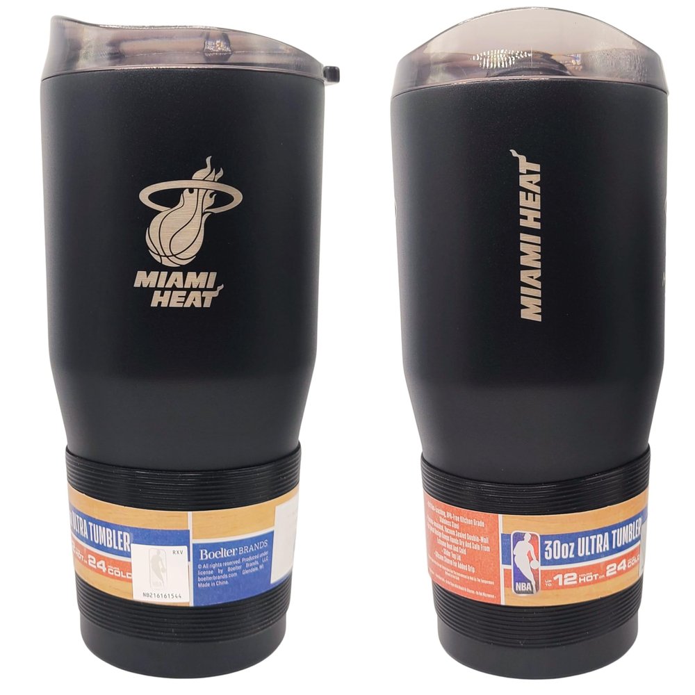 Boelter Brands NBA Etched Logo Black Premium Powder Coat Double Wall Stainless Steel 30oz Ultra Travel Tumbler (Miami Heat)