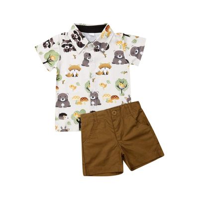 Covvoliy 2Pcs Baby Boys Summer Clothing Sets Cute Letters Print Button Down Shirt+Shorts Outfits Toddler Clothes (Fox & Brown, 12-18 Months)