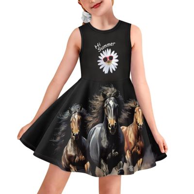 OZELANSAY Kawaii Animal Print Girls Summer Skater Dress Running Horse Sleeveless Shirt Dresses 11-12 Years Kids A-Line Swing Twirly Kawaii Black Dress School Party Casual Clothes Evening